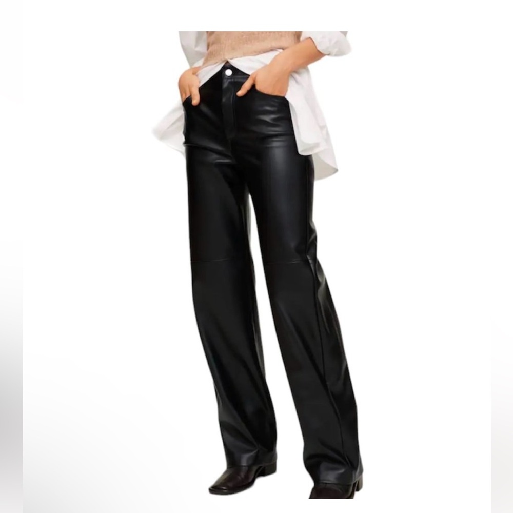 New Mango Faux Leather High Waist Straight Leg Pants Black Size 14